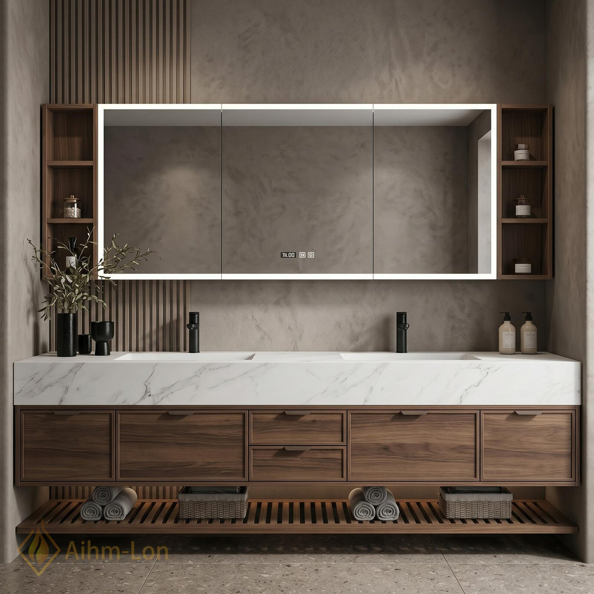60''-96'' Double Bathroom Vanity with Sink Floating White Marble Top Slatted Shelf