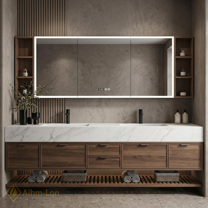 60''-96'' Double Bathroom Vanity with Sink Floating White Marble Top Slatted Shelf