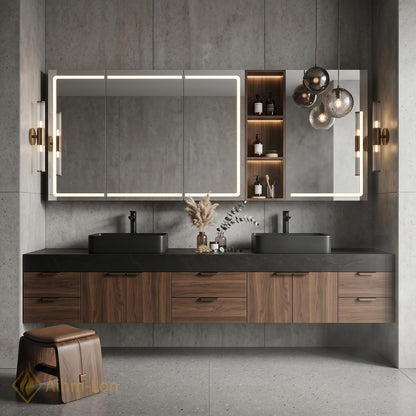 60''-96'' Double Bathroom Vanity with Sink Modern Floating Warm Wood Texture Integrated