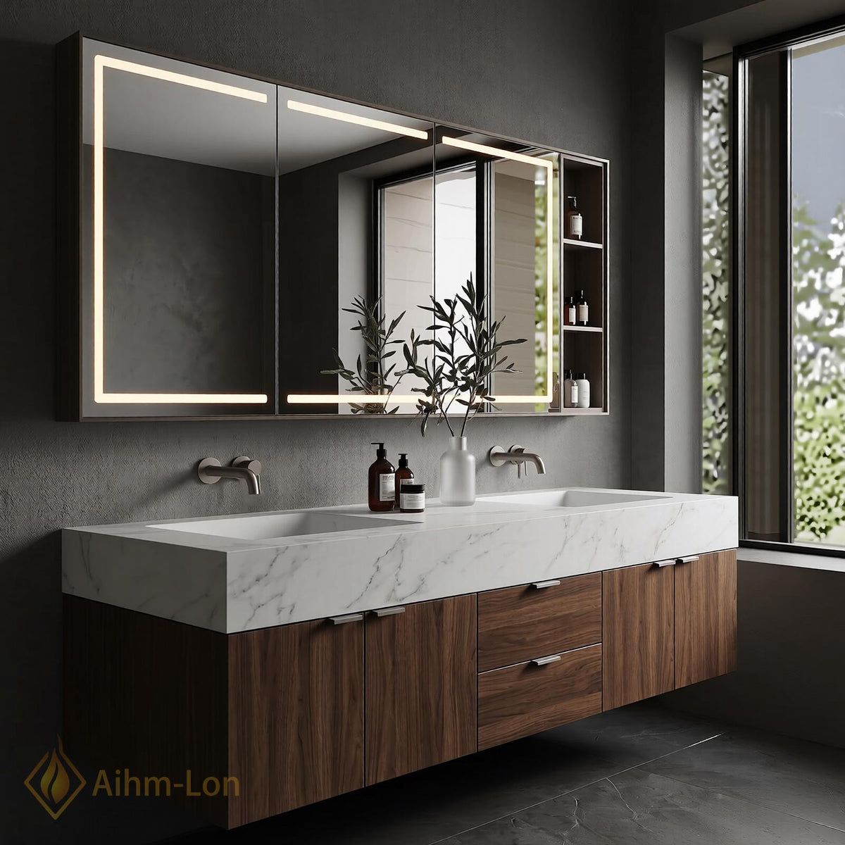 60''-96'' Double Bathroom Vanity with Sink Solid Stone Wood Grain Front Panels