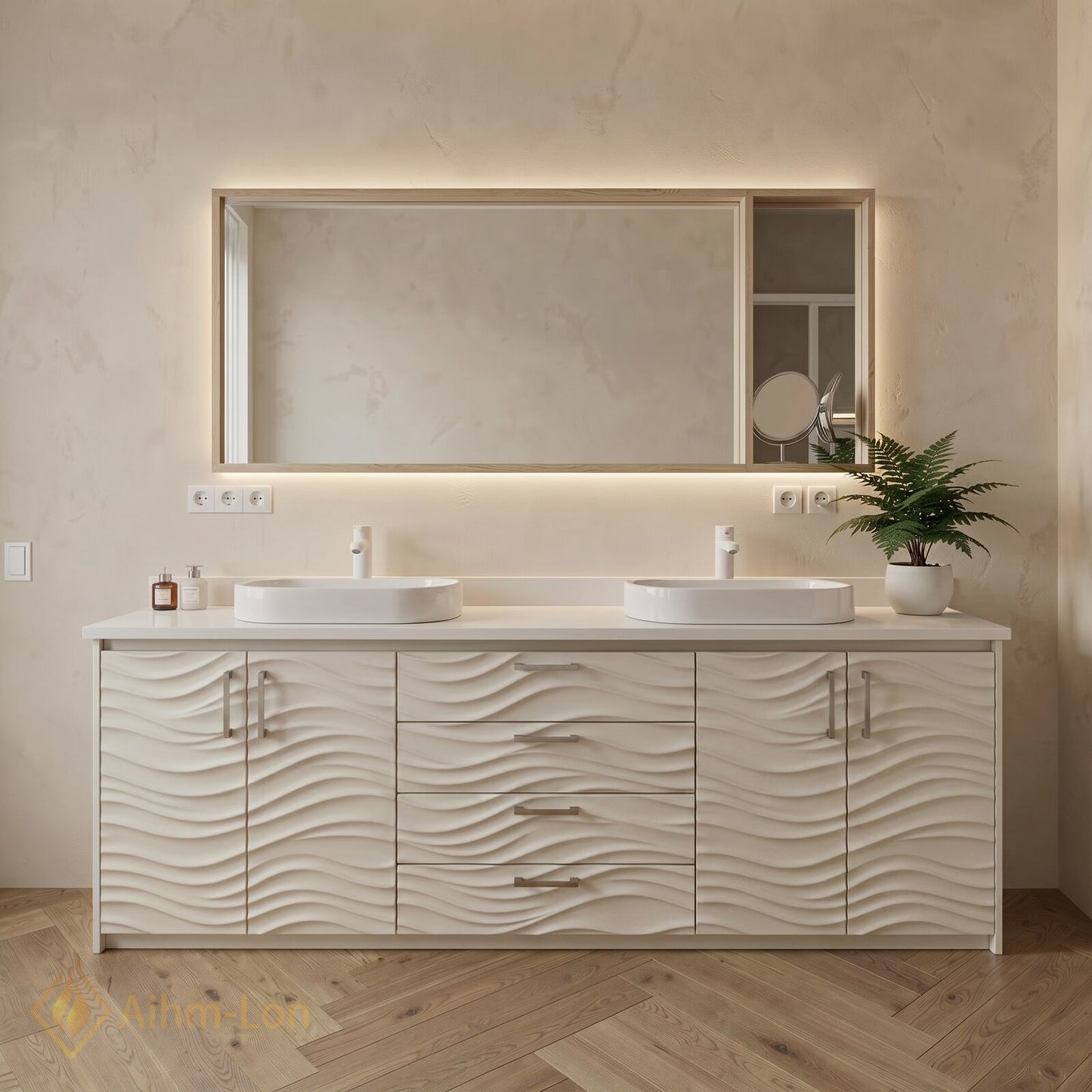 60''-96'' Wavy Bathroom Vanity with Sink Relief Panels White Finish Mirror Cabinet