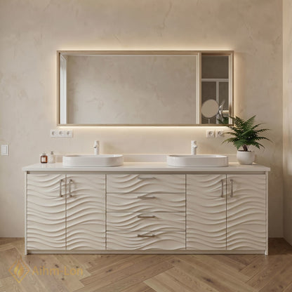 60''-96'' Wavy Bathroom Vanity with Sink Relief Panels White Finish Mirror Cabinet