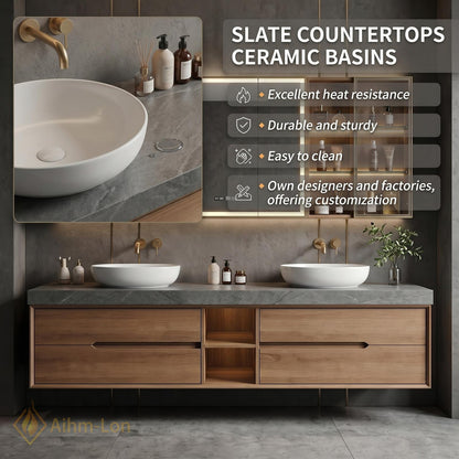 60''-96'' Double Bathroom Vanity with Sink Floating Sleek Wall Mounted Frame Warm