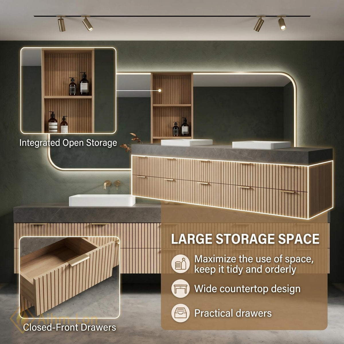 60''-96'' Double Bathroom Vanity with Sink Geometric Grey Stone Slatted Wood Panels