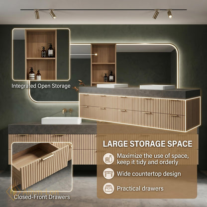 60''-96'' Double Bathroom Vanity with Sink Geometric Grey Stone Slatted Wood Panels