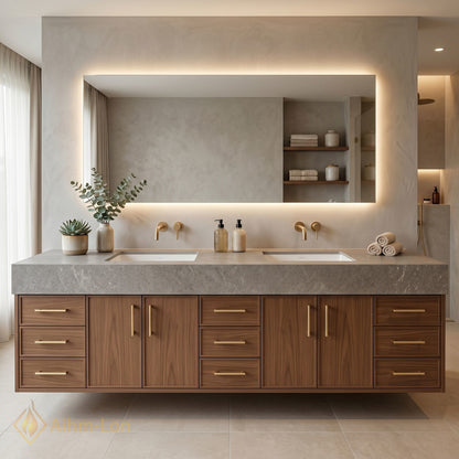 76''-96'' Bathroom Vanity with Sink Floating Base Construction Wood-Grain Drawer Fronts Double