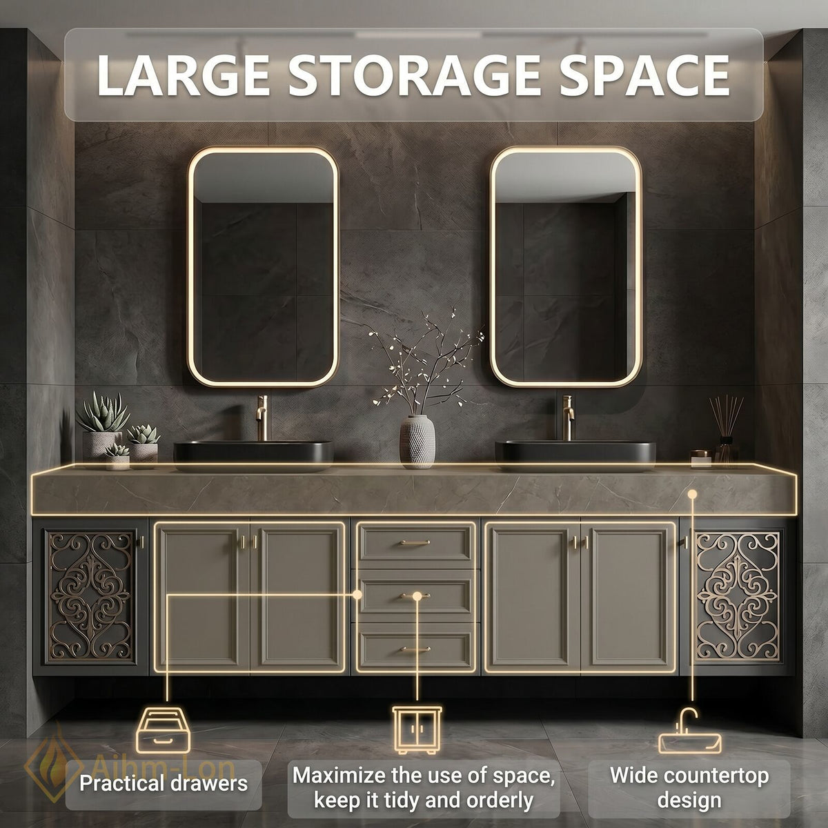 78''-96'' Double Bathroom Vanity with Sink Dark Slate Finish Slatted Center Panel