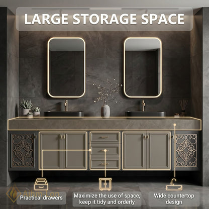 78''-96'' Double Bathroom Vanity with Sink Dark Slate Finish Slatted Center Panel