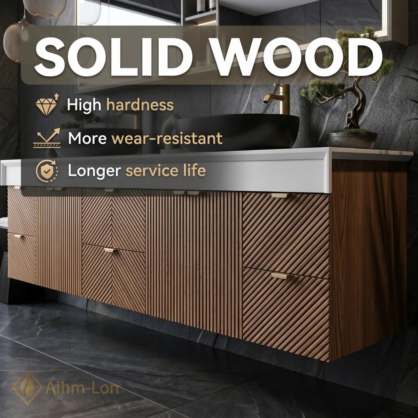 78''-96'' Modern Bathroom Vanity with Sink Floating Dark Wood Slatted Mirror Cabinet