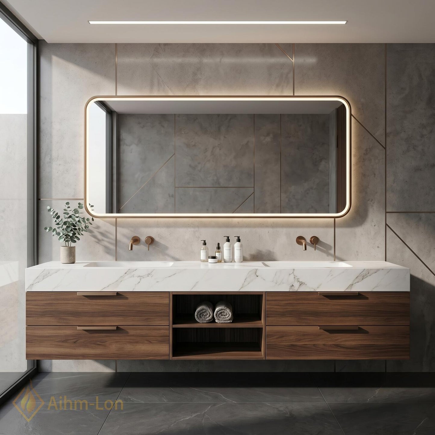 60''-96'' Double Bathroom Vanity with Sink Dark-Walnut White Modern Floating Marble