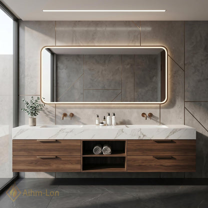 60''-96'' Double Bathroom Vanity with Sink Dark-Walnut White Modern Floating Marble