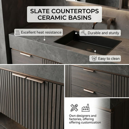 60''-96'' Double Bathroom Vanity with Sink Modern Floating Charcoal Gray Stone Slatted Front