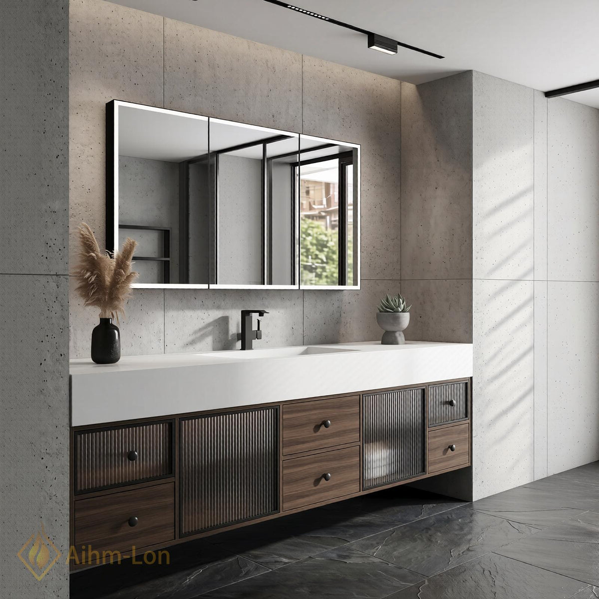 60''-96'' Bathroom Vanity with Sink Floating Slatted Glass Doors White Solid Top