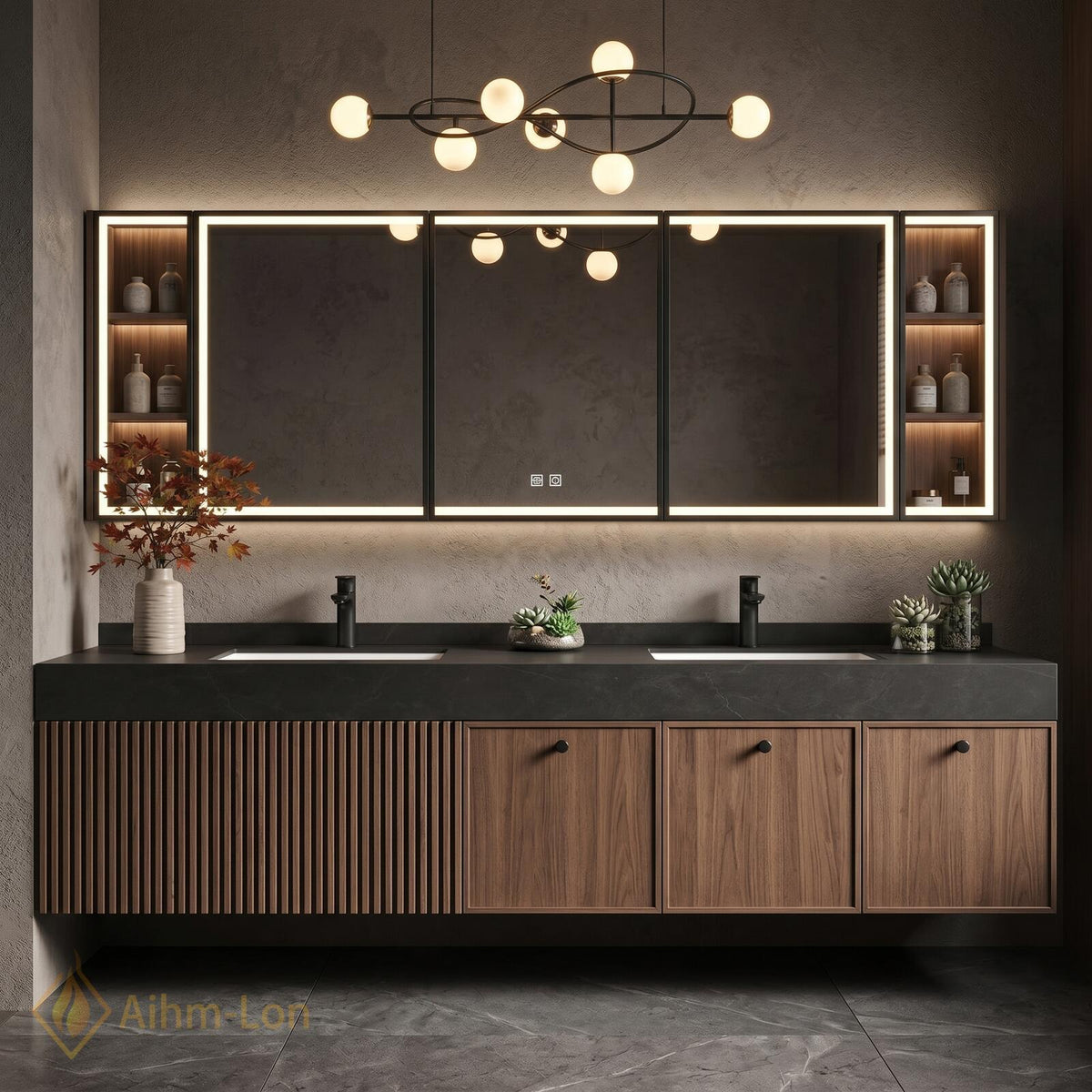 60''-96'' Double Bathroom Vanity with Sink Modern Dark Walnut Slatted Floating Panel
