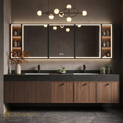 60''-96'' Double Bathroom Vanity with Sink Modern Dark Walnut Slatted Floating Panel