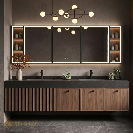 60''-96'' Double Bathroom Vanity with Sink Modern Dark Walnut Slatted Floating Panel