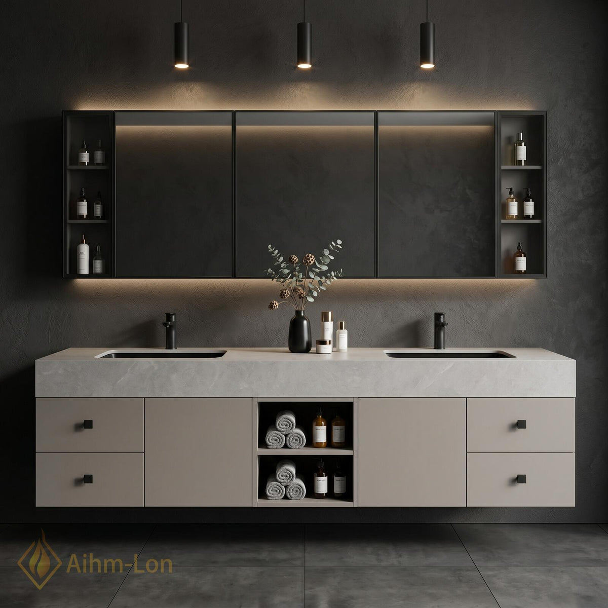60''-96'' Double Bathroom Vanity with Sink Textured Stone Top Matte Grey Doors