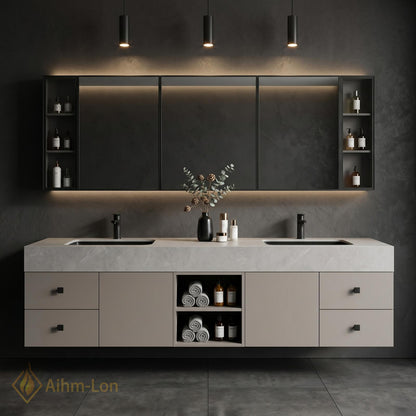 60''-96'' Double Bathroom Vanity with Sink Textured Stone Top Matte Grey Doors