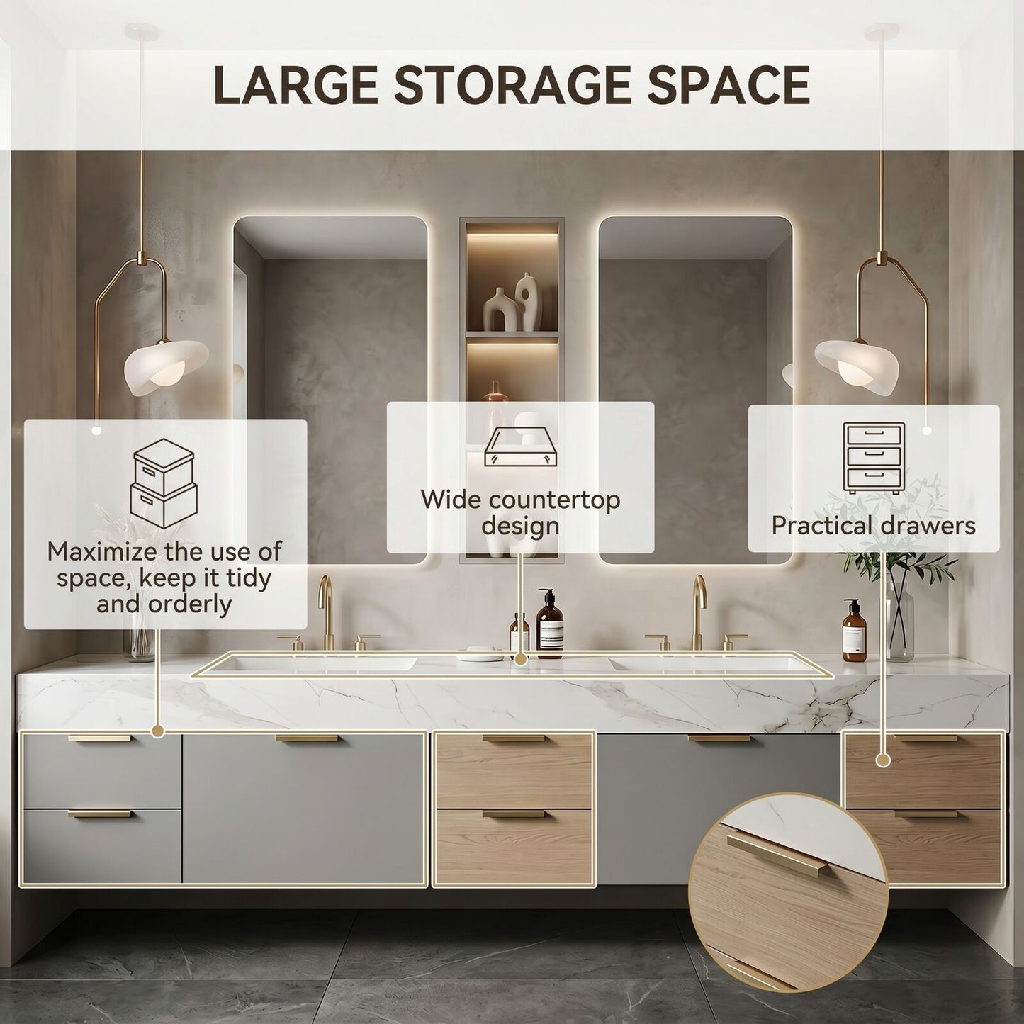 72''-96'' Double Bathroom Vanity with Sink Floating Marble Patterned Drawer Storage Cabinet