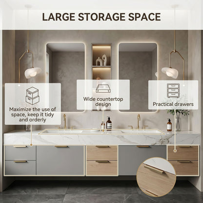 72''-96'' Double Bathroom Vanity with Sink Floating Marble Patterned Drawer Storage Cabinet