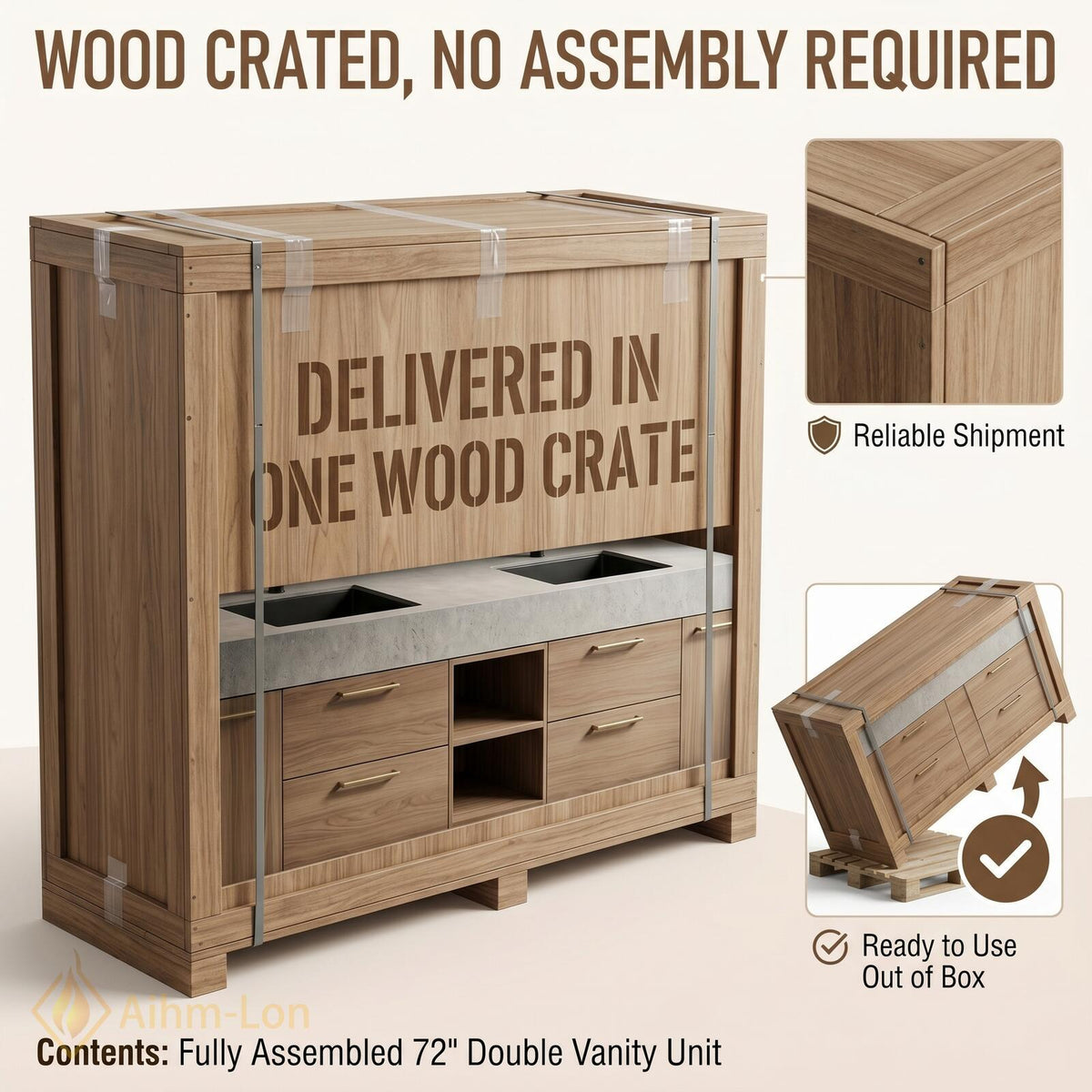 60''-96'' Double Bathroom Vanity with Sink Textured Stone Top Wood Finish Drawers