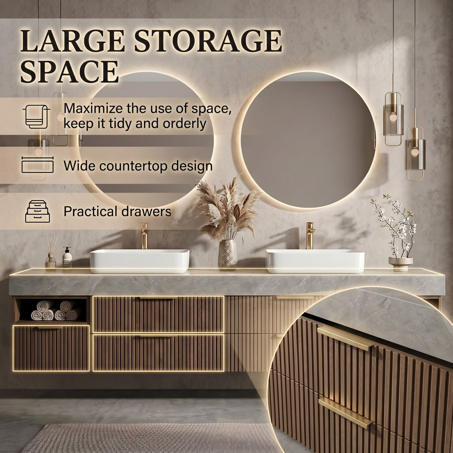 60''-96'' Modern Bathroom Vanity with Sink Double Sink Wide Stone Slatted Wood Drawers