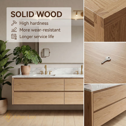 60''-96'' Modern Bathroom Vanity with Sink Floating Wood Marble Integrated Mirror Storage