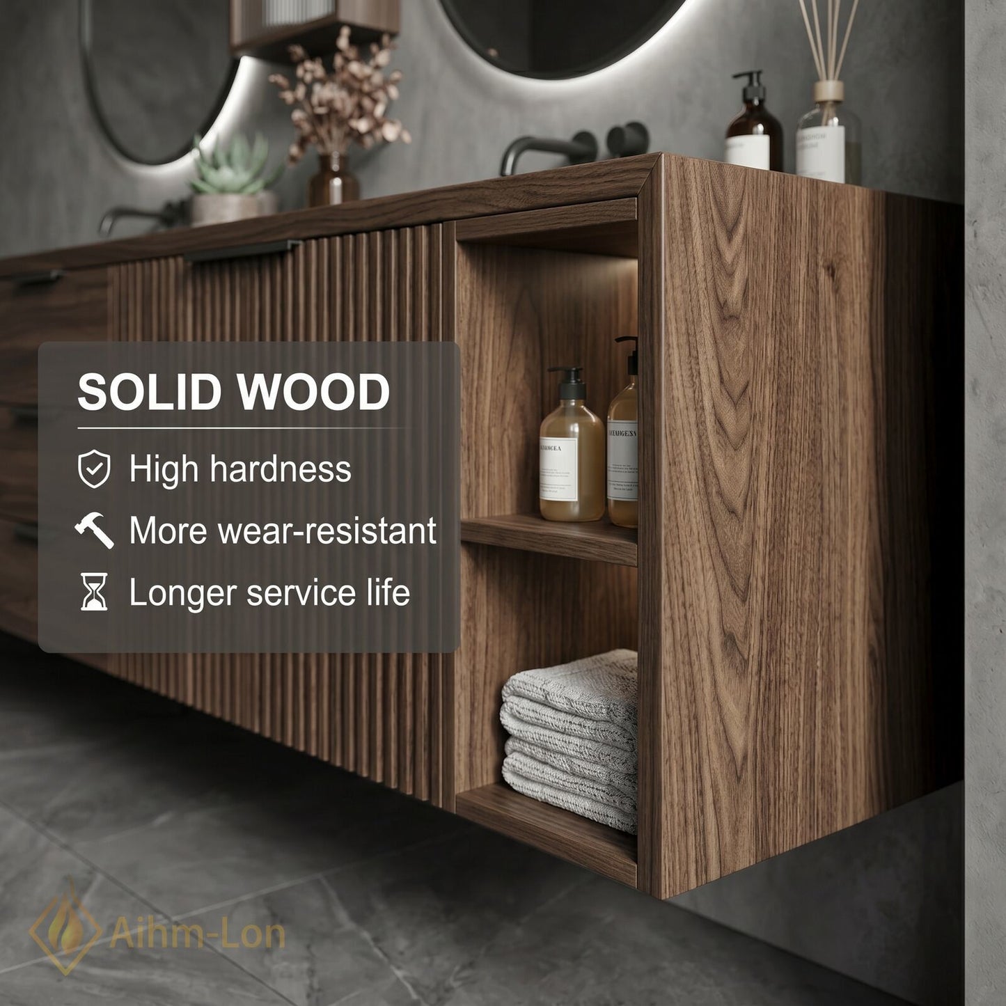 76''-96'' Double Bathroom Vanity with Sink Grey Modern Stone-Top Fluted Dark Panel