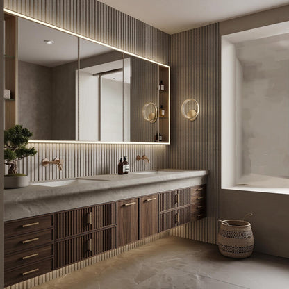 60''-96'' Double Bathroom Vanity with Sink Modern Floating Ribbed Cabinet Rich Timber Finish
