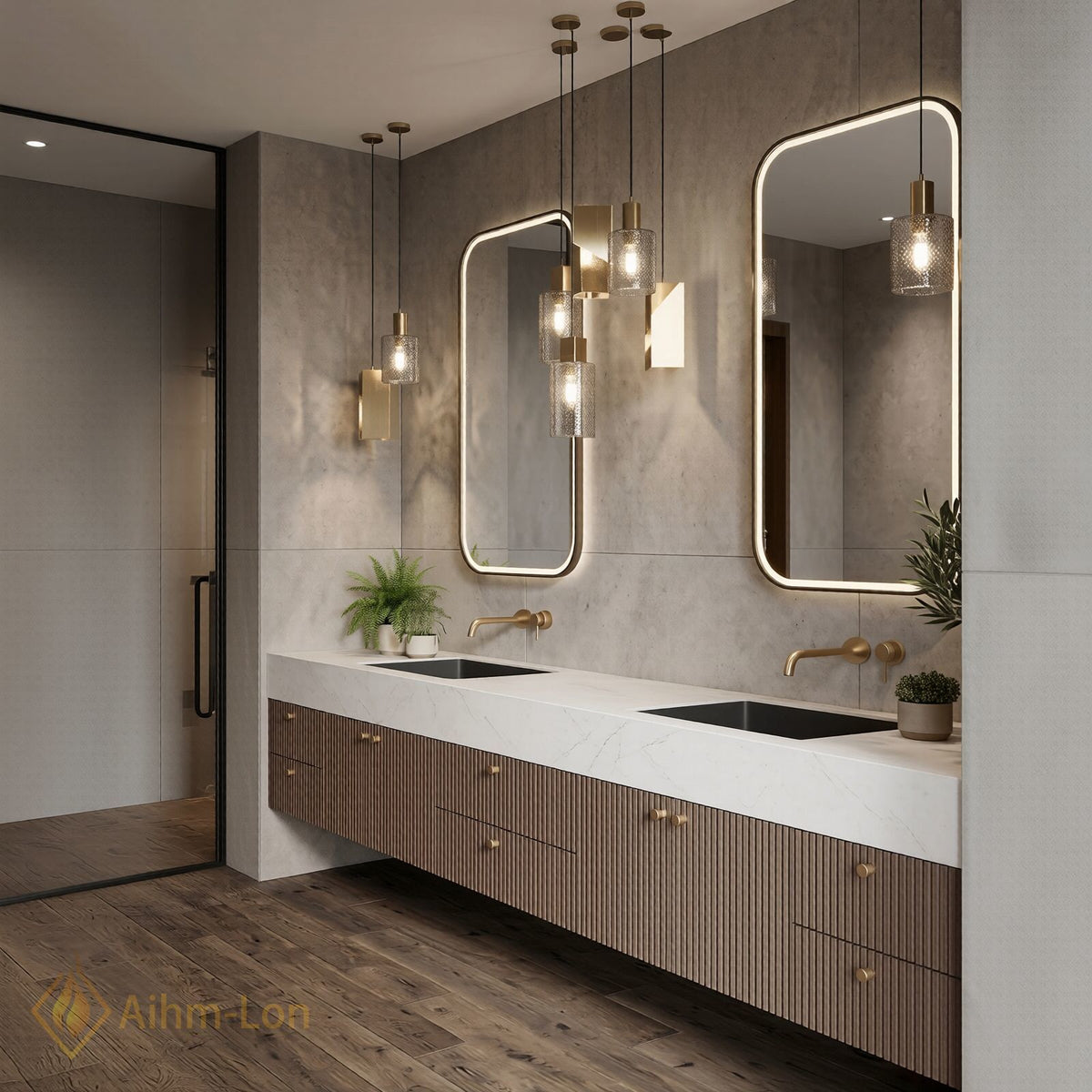76''-96'' Double Bathroom Vanity with Sink Dark Walnut Slatted Front Basin Setup