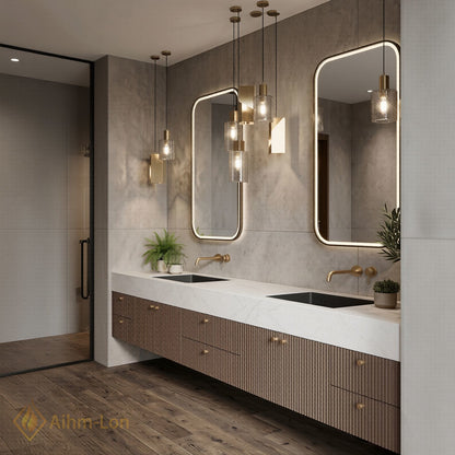 76''-96'' Double Bathroom Vanity with Sink Dark Walnut Slatted Front Basin Setup
