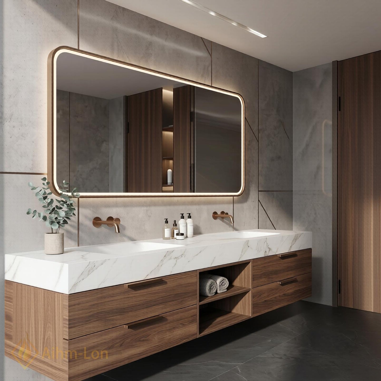 60''-96'' Double Bathroom Vanity with Sink Dark-Walnut White Modern Floating Marble