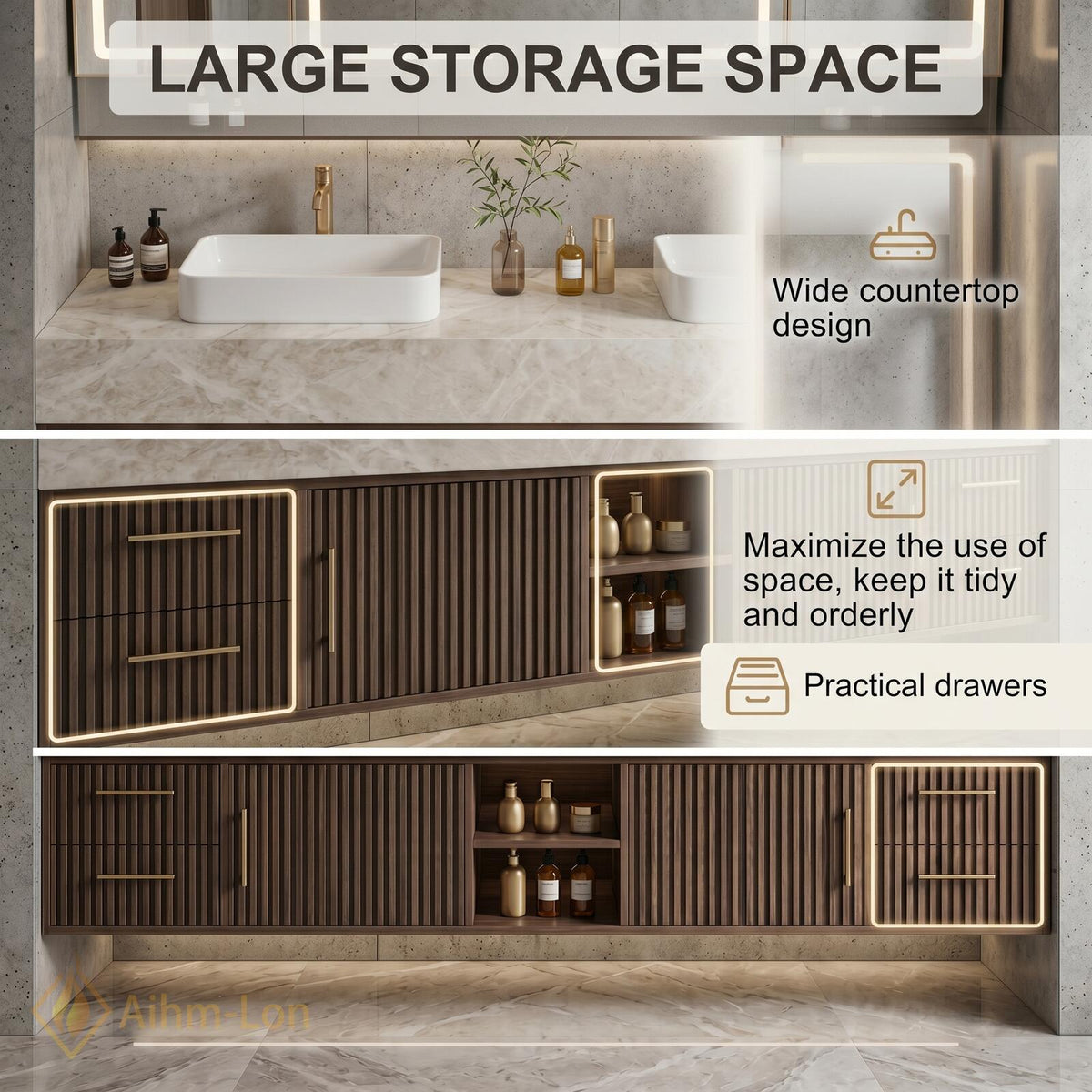 60''-96'' Double Bathroom Vanity with Sink Dark Walnut Slatted Center Panel Drawers