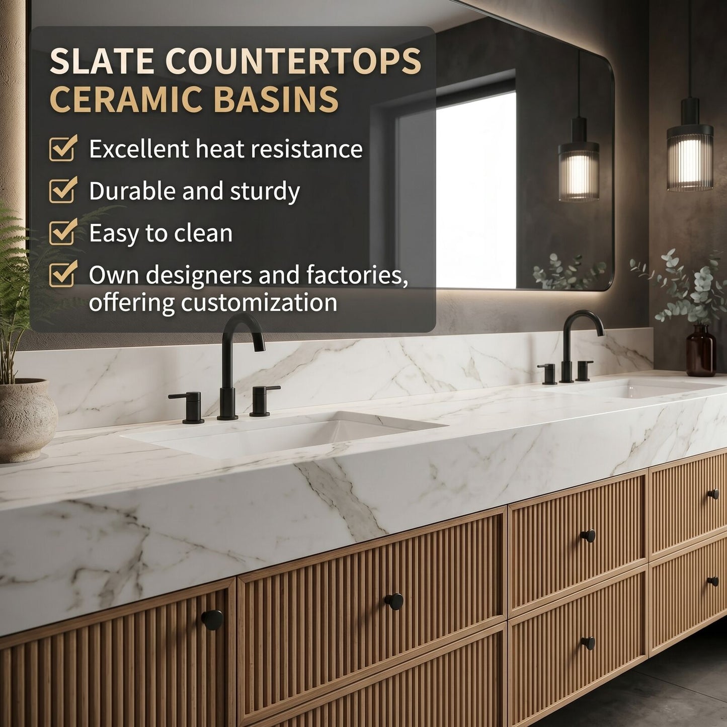 70''-96'' Modern Bathroom Vanity with Sink Double Sink Vertical Slat White Marble Pattern Cabinet