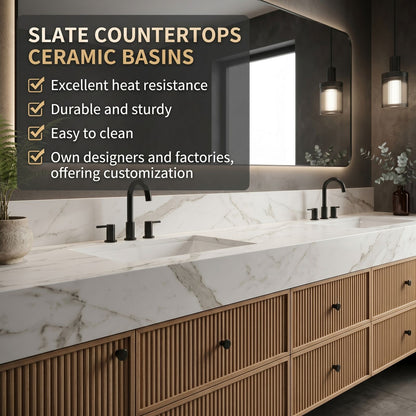 70''-96'' Modern Bathroom Vanity with Sink Double Sink Vertical Slat White Marble Pattern Cabinet