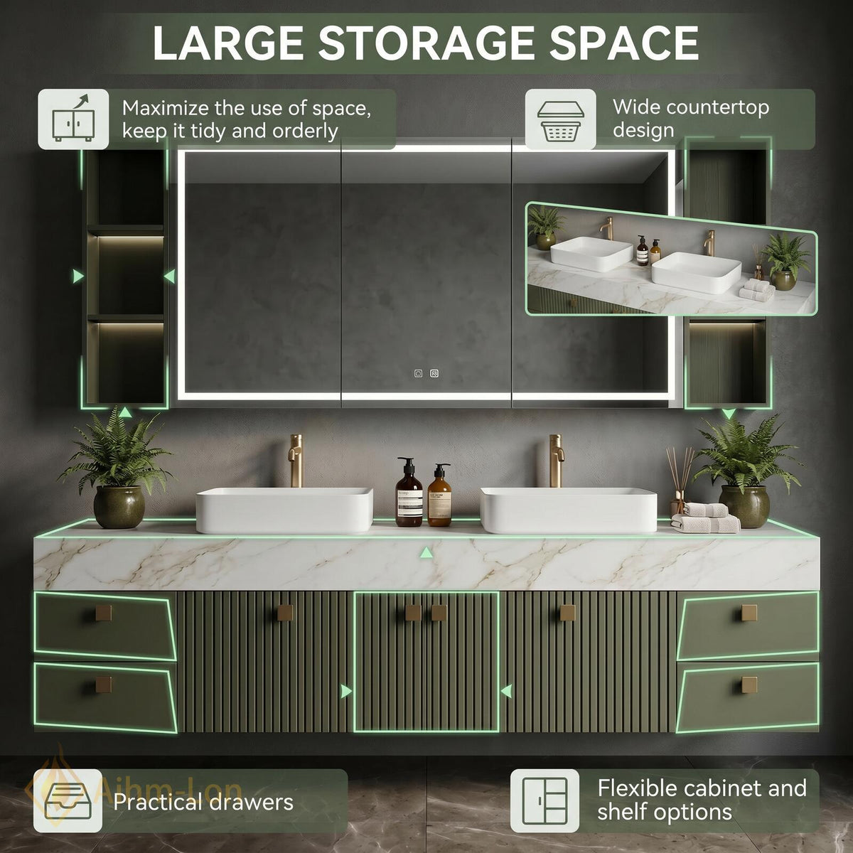 76''-96'' Bathroom Vanity with Sink Floating Double Slate Green Open Shelving Fluted