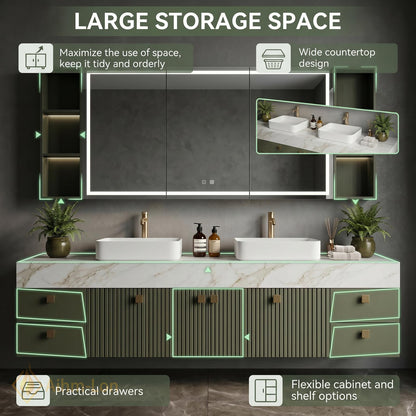 76''-96'' Bathroom Vanity with Sink Floating Double Slate Green Open Shelving Fluted