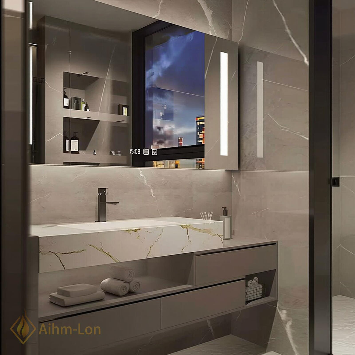 36''-110'' Double Bathroom Vanity with Sink Floating Marble Top Grey Mirror Storage