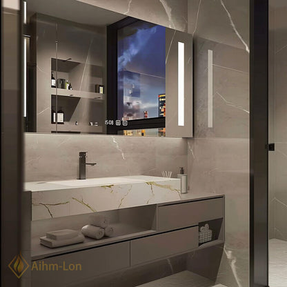 36''-110'' Double Bathroom Vanity with Sink Floating Marble Top Grey Mirror Storage