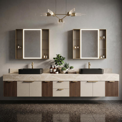 60''-96'' Double Bathroom Vanity with Sink Contemporary Floating Stone Top Open Shelving