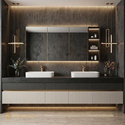 60''-96'' Modern Double Bathroom Vanity with Sink Floating Fluted Two-Tone Stone-Effect Top