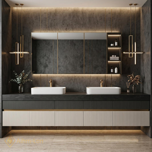 60''-96'' Modern Double Bathroom Vanity with Sink Floating Fluted Two-Tone Stone-Effect Top
