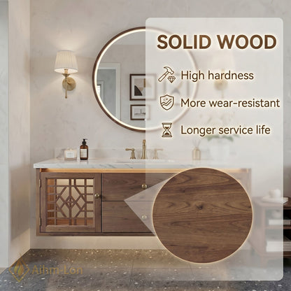 48''-64'' Modern Bathroom Vanity with Sink Floating Lattice Glass Wood Grain Drawers