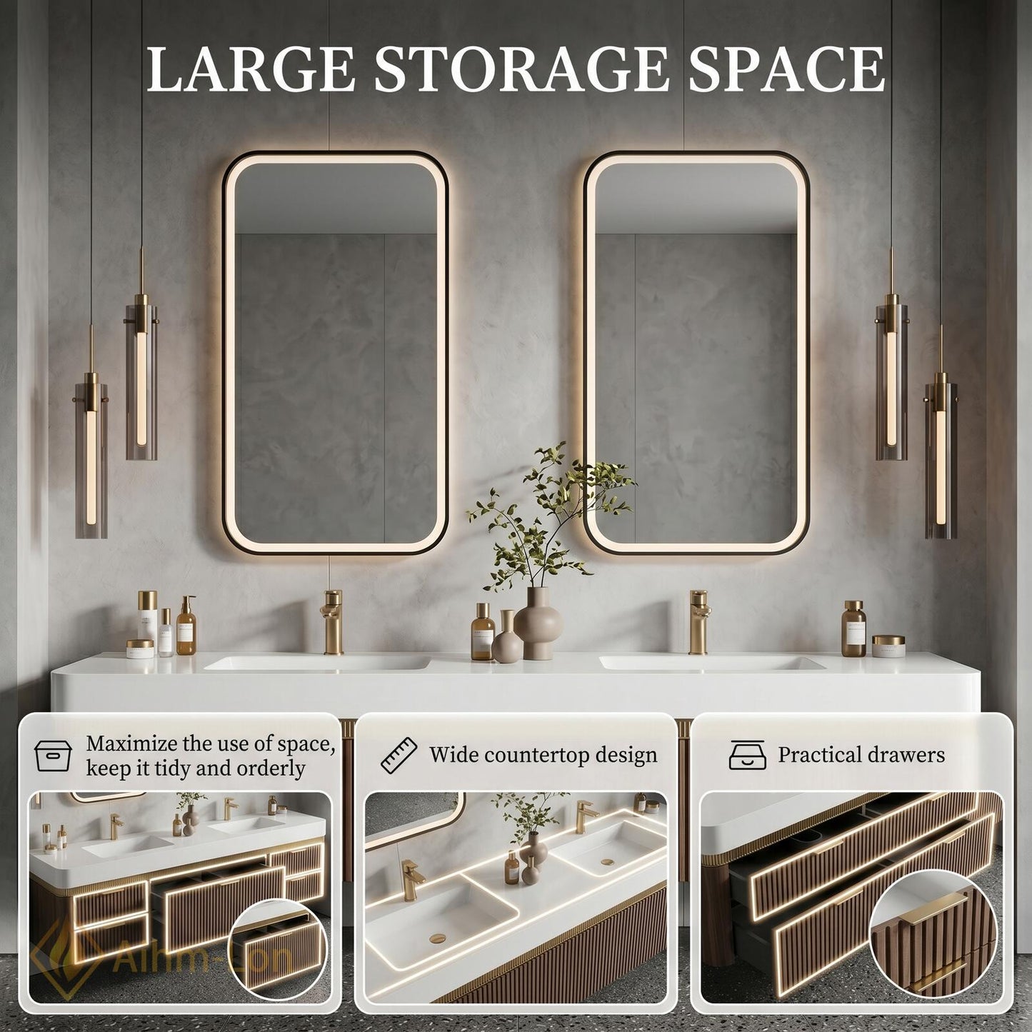 60''-96'' Double Bathroom Vanity with Sink Dark-Walnut Floating Slatted-Panel Open
