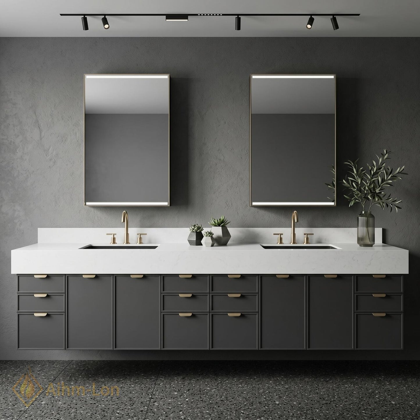 76''-96'' Modern Double Bathroom Vanity with Sink Floating Thick Stone Charcoal Finish