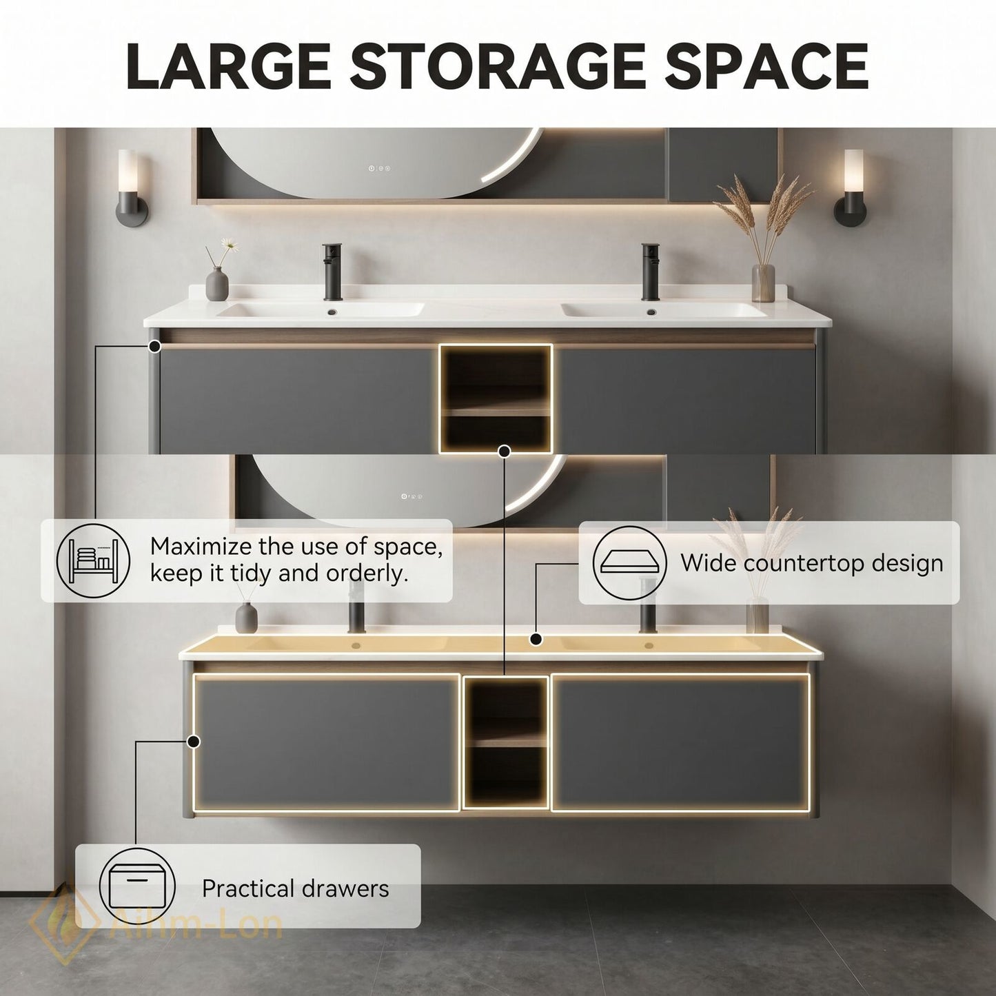 60''-96'' Floating Bathroom Vanity with Sink Dual Integrated Basins Grey Doors Oval Mirror Cabinet