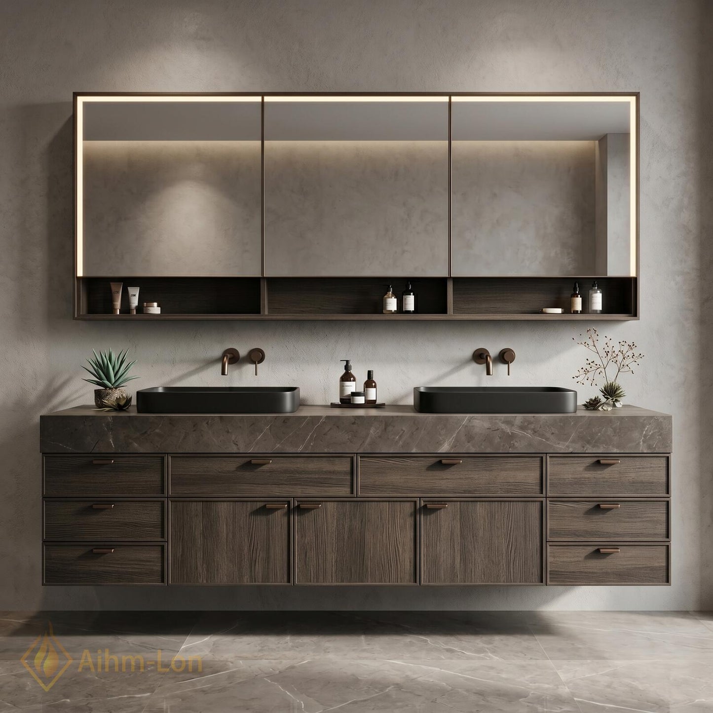 72''-96'' Double Bathroom Vanity with Sink Dark-Walnut Floating Grain Drawer Storage