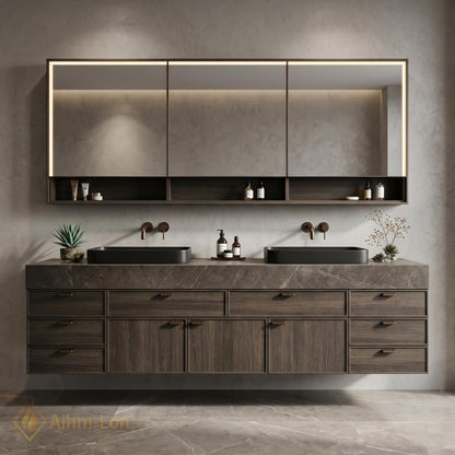 72''-96'' Double Bathroom Vanity with Sink Dark-Walnut Floating Grain Drawer Storage