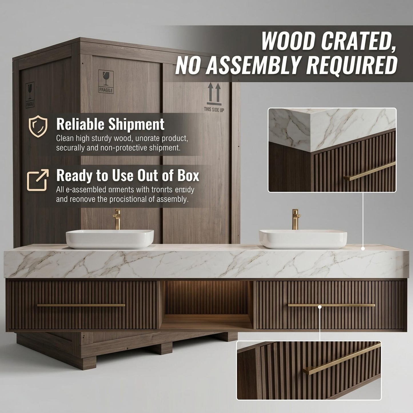 60''-96'' Modern Bathroom Vanity with Sink Double Sink White Marble Slatted Center Panel Cabinet