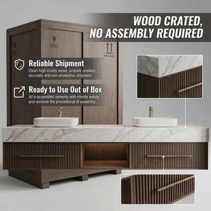 60''-96'' Modern Bathroom Vanity with Sink Double Sink White Marble Slatted Center Panel Cabinet
